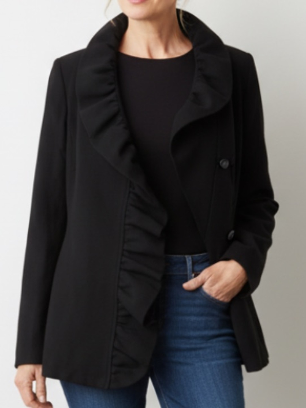 INC International Concepts Black Ruffle-Front Blazer M